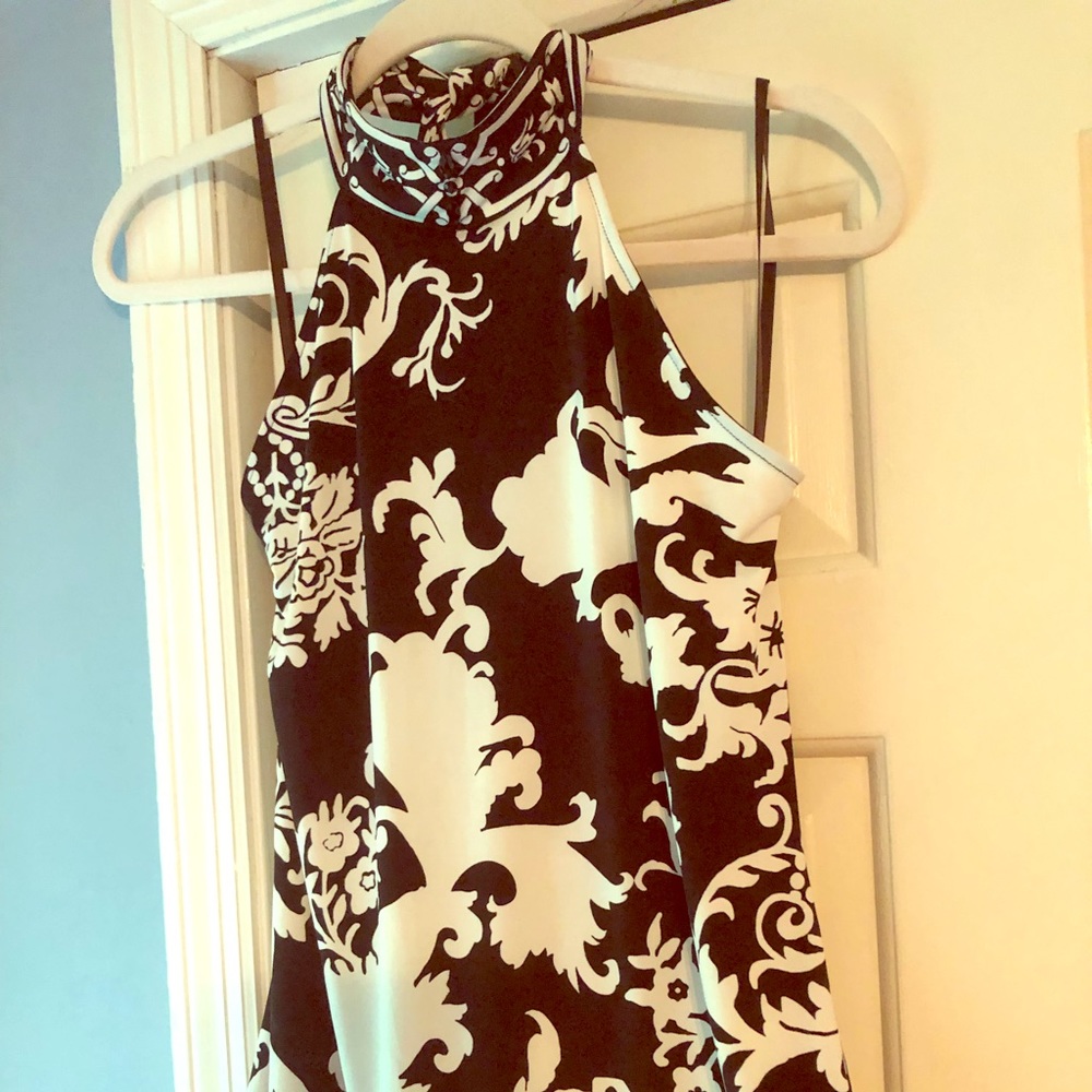 Black and white halter embellished tank